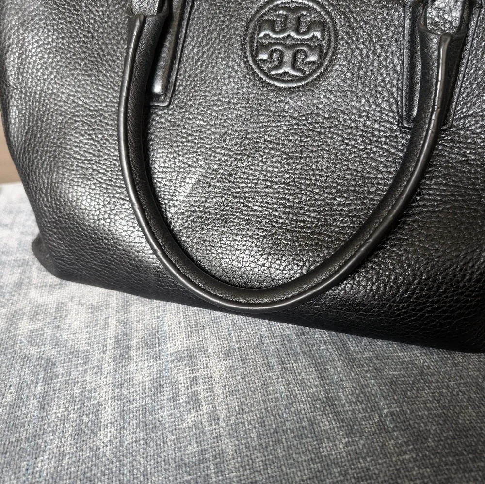 Tory Burch Black Leather Tote with Gold Accents - Picture 9 of 11